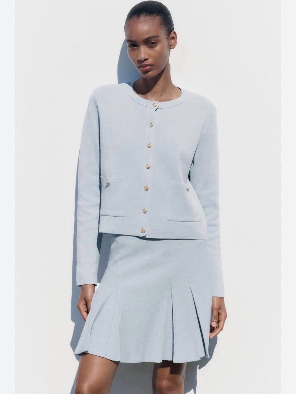 NWT ZARA Light Blue Knit Two-Piece Set - Classic Cardigan & Pleated Skirt